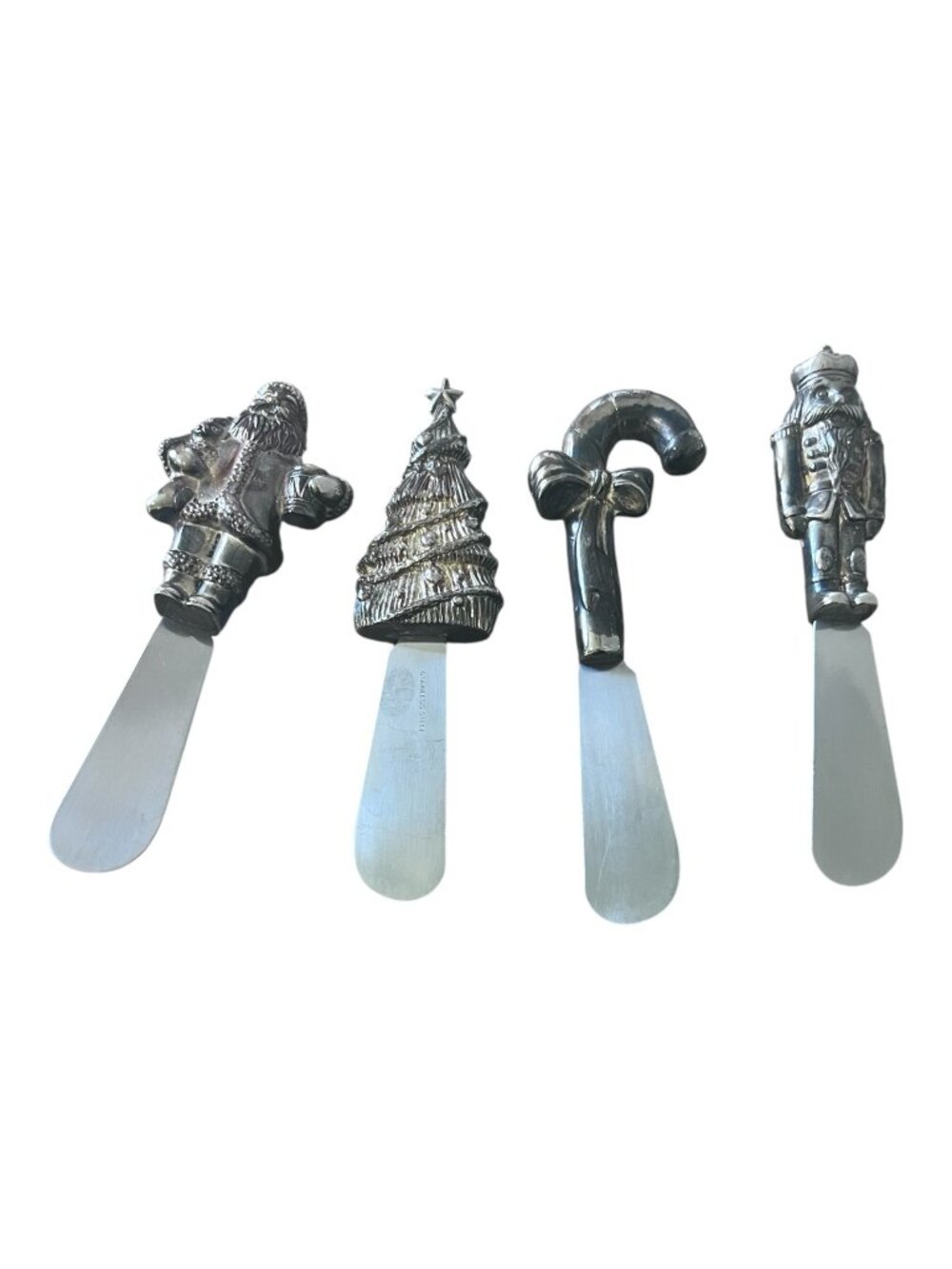 Christmas Cheese Spreaders Set Stainless Steel Pewter Tone Handles 5 Inch